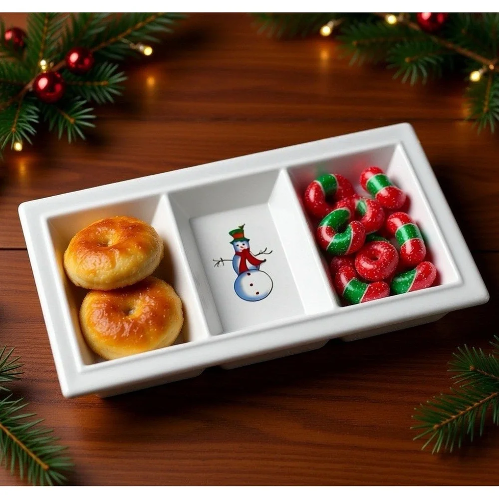 Holiday 3-Section Divided Serving Tray Platter‎ White Snowman Mittens Stocking